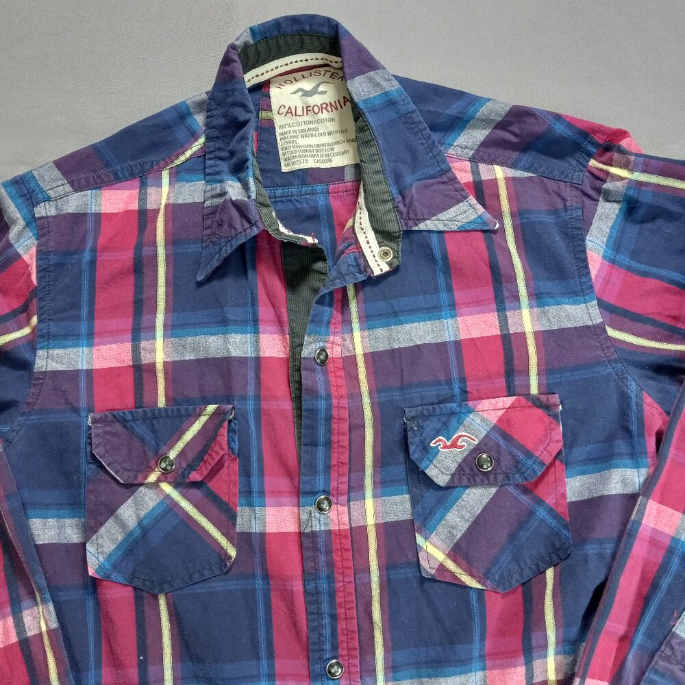 Hollisterā California Mens Plaid Pearl Snap Long Sleeve Shirt Blue Pink Small